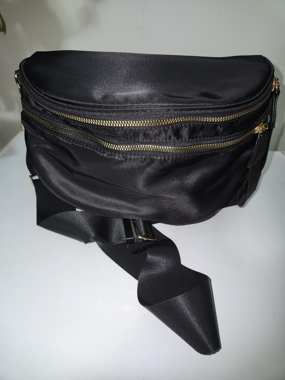 Satin Black Crossbody Bag with Gold Zippers